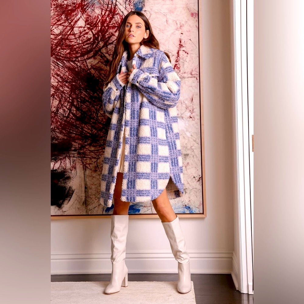 Lulus Winter Winds Blue Plaid Shearling Long Teddy Jacket in Blue Plaid L